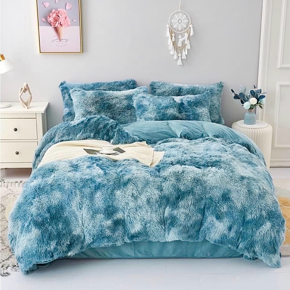 Blue Contrast Faux Fur Duvet Cover Full Size Comforter Bedding Plush Blanket